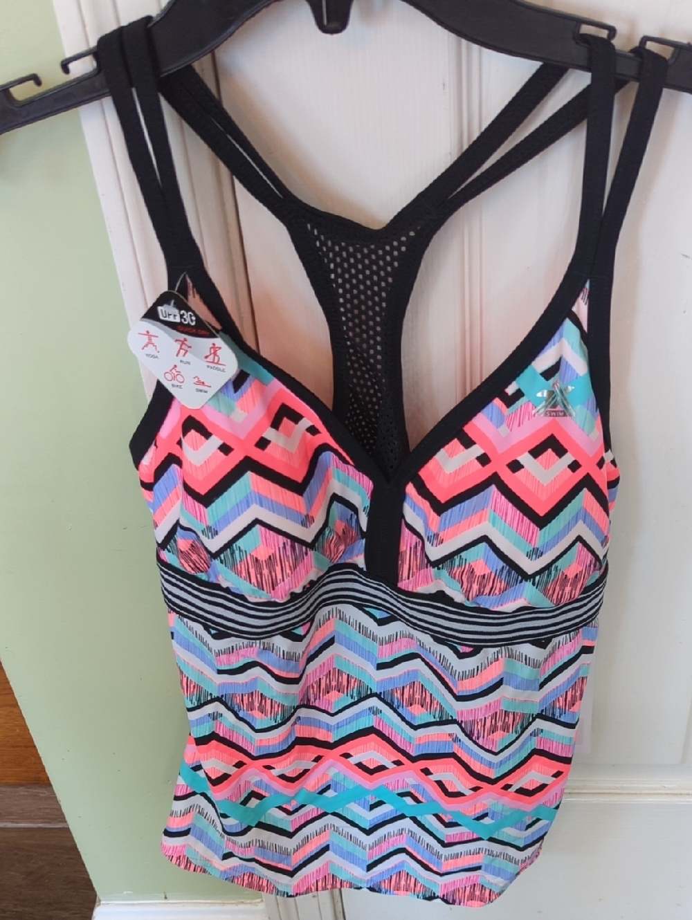 ZeroXposur Neon Geo Tankini Top in Coral, Aqua, Black